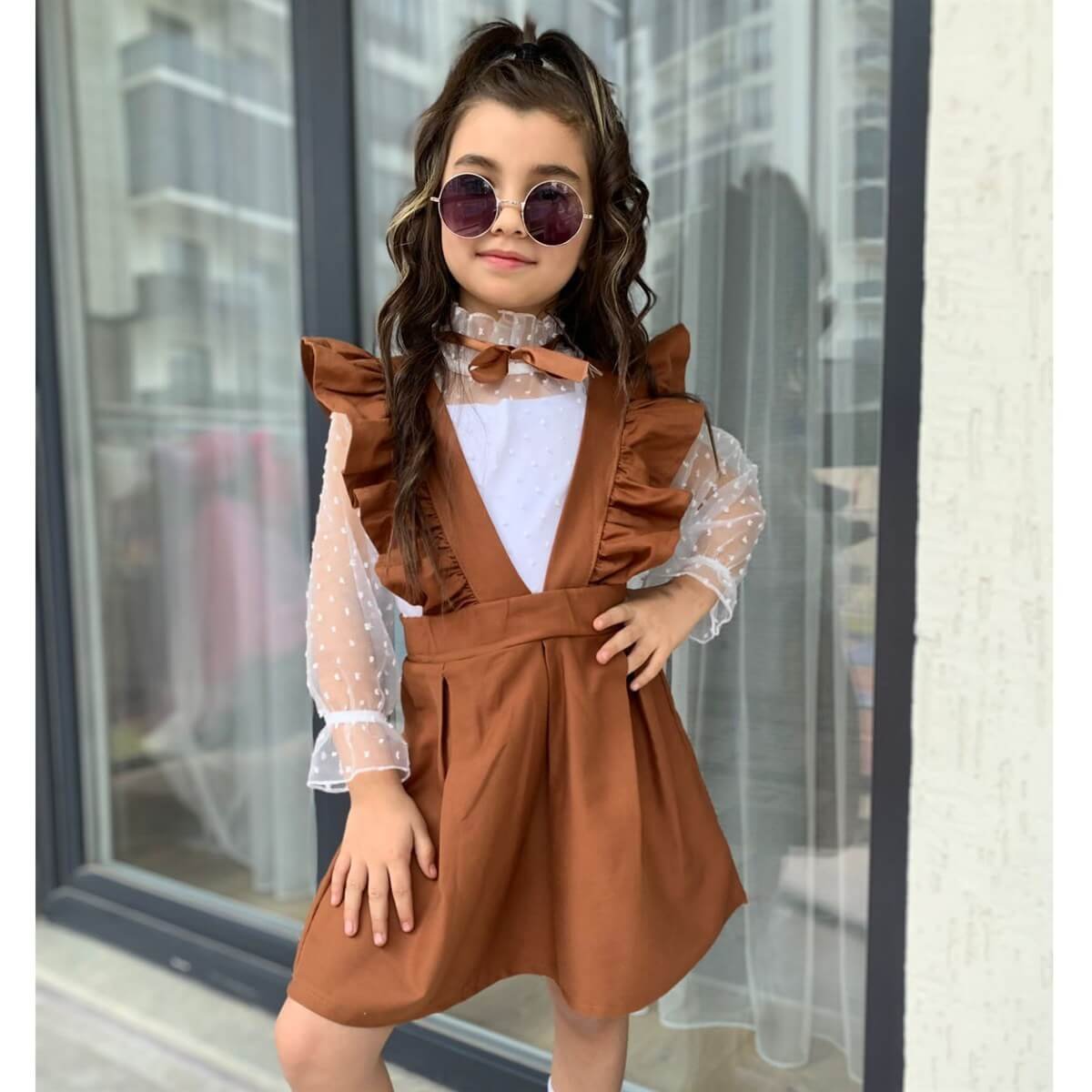 Kız Çocuk Gömlek / Salopet Kahverengi Takım-Kız Çocuk Alt Üst Takım-QuzucukKids.com