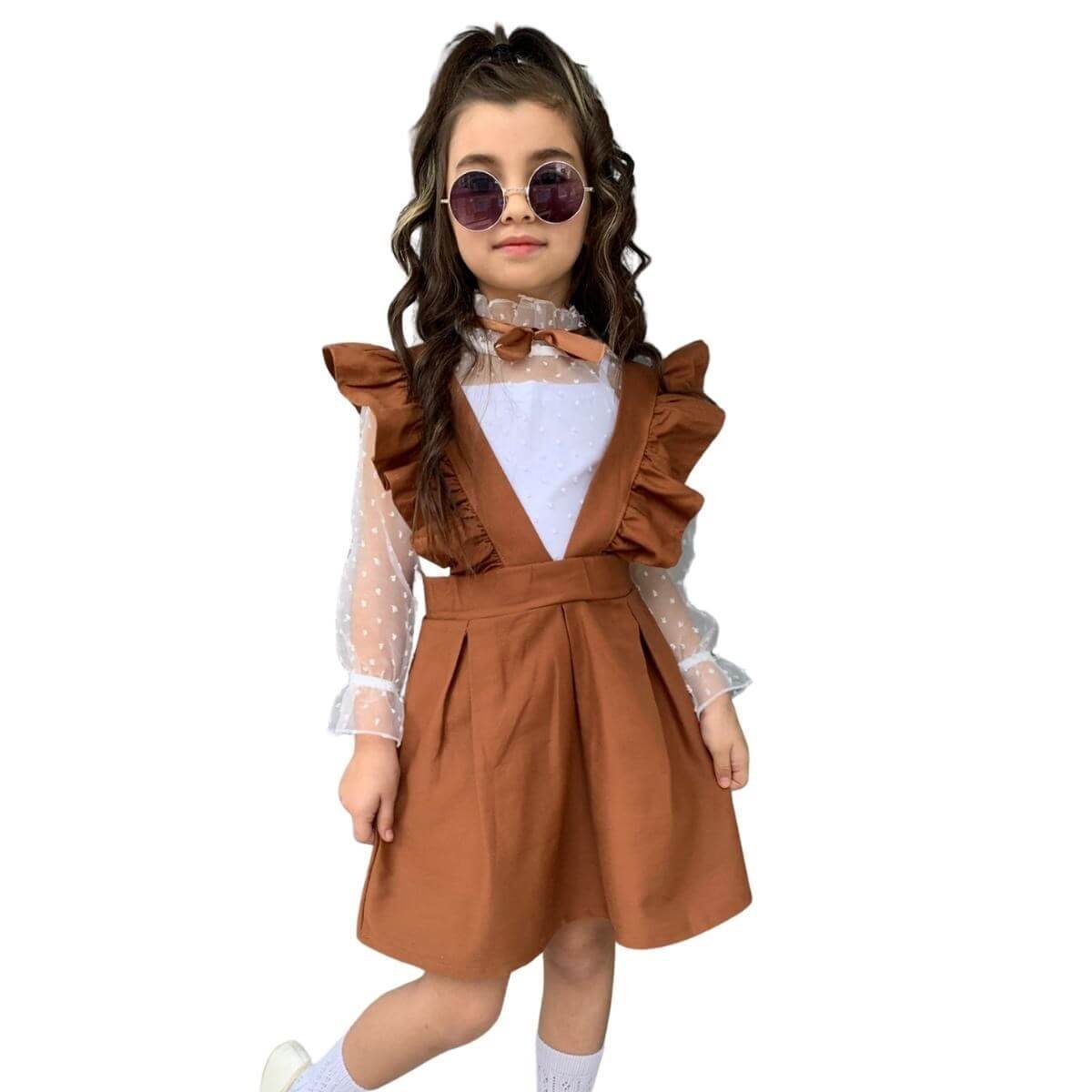 Kız Çocuk Gömlek / Salopet Kahverengi Takım-Kız Çocuk Alt Üst Takım-QuzucukKids.com