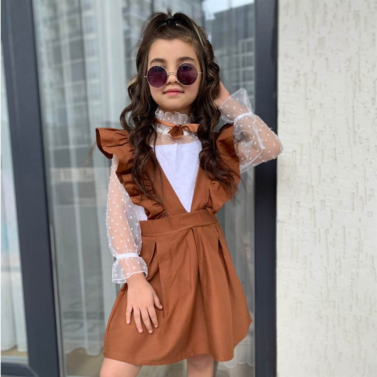 Kız Çocuk Gömlek / Salopet Kahverengi Takım-Kız Çocuk Alt Üst Takım-QuzucukKids.com