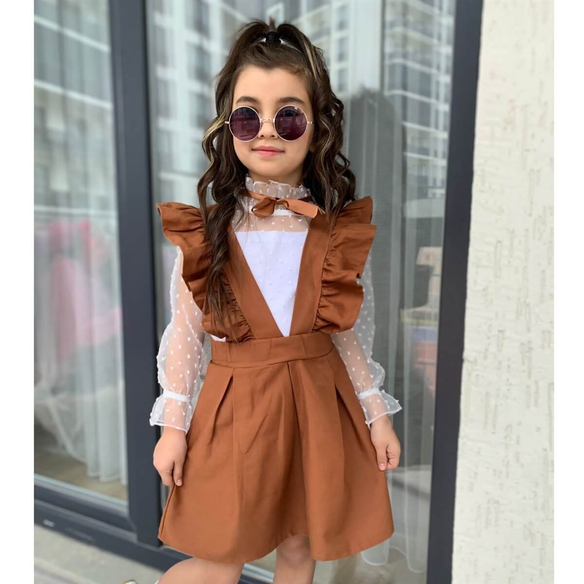 Kız Çocuk Gömlek / Salopet Kahverengi Takım-Kız Çocuk Alt Üst Takım-QuzucukKids.com