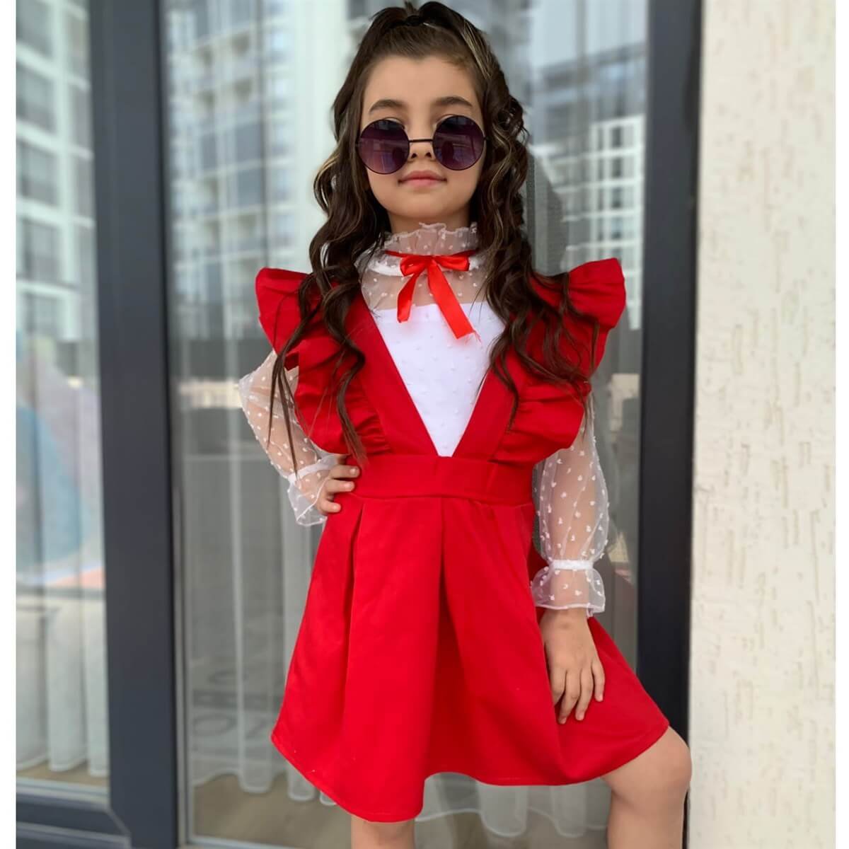 Kız Çocuk Gömlek / Salopet Kırmızı Takım-Kız Çocuk Alt Üst Takım-QuzucukKids.com