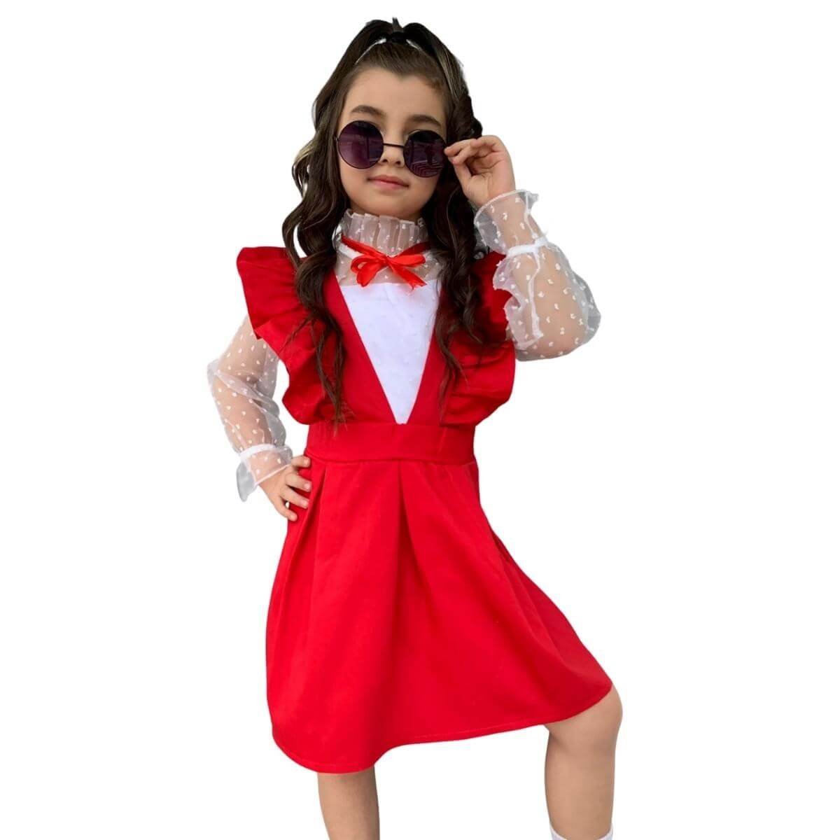 Kız Çocuk Gömlek / Salopet Kırmızı Takım-Kız Çocuk Alt Üst Takım-QuzucukKids.com