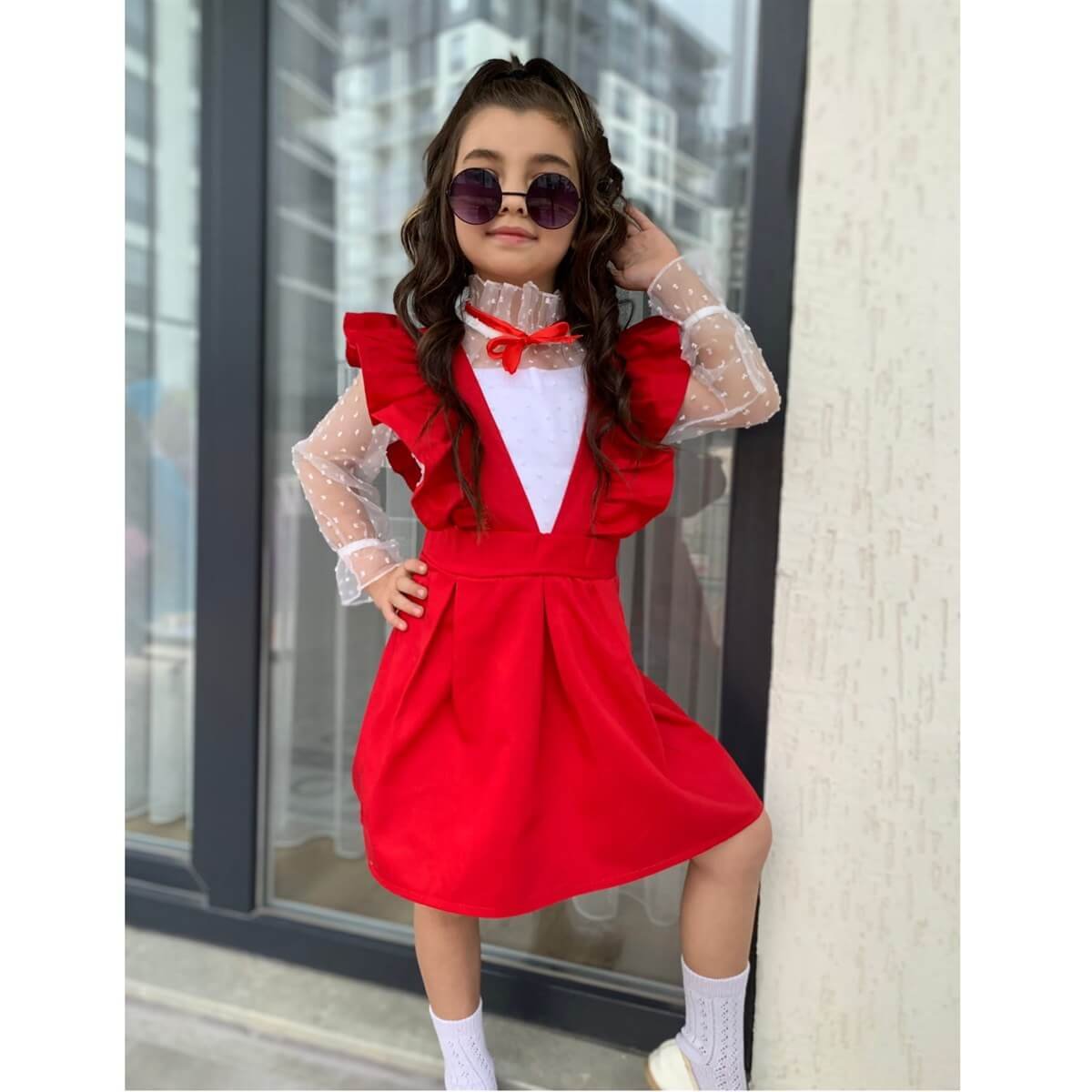 Kız Çocuk Gömlek / Salopet Kırmızı Takım-Kız Çocuk Alt Üst Takım-QuzucukKids.com