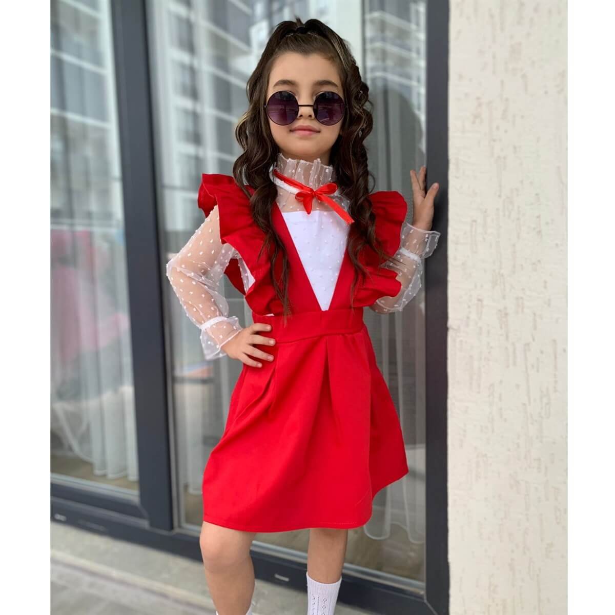 Kız Çocuk Gömlek / Salopet Kırmızı Takım-Kız Çocuk Alt Üst Takım-QuzucukKids.com