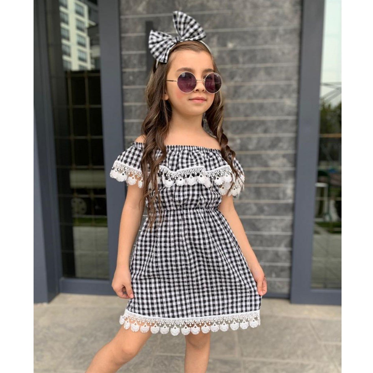 Kız Çocuk Güpürlü Ekose Elbise-Kız Çocuk Elbise-Kız Çocuk Güpürlü Ekose Elbise | QuzucukKids.com-QuzucukKids.com