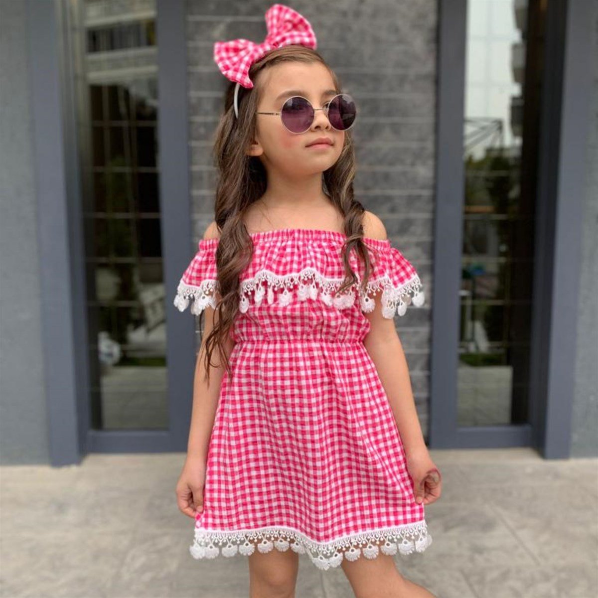 Kız Çocuk Güpürlü Ekose Elbise-Kız Çocuk Elbise-Kız Çocuk Güpürlü Ekose Elbise | QuzucukKids.com-QuzucukKids.com