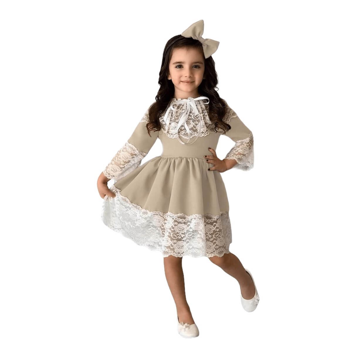 Kız Çocuk Güpürlü Pudra Elbise-Kid Girl Dresses-QuzucukKids.com