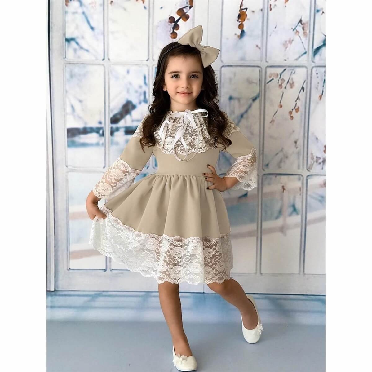 Kız Çocuk Güpürlü Pudra Elbise-Kid Girl Dresses-QuzucukKids.com