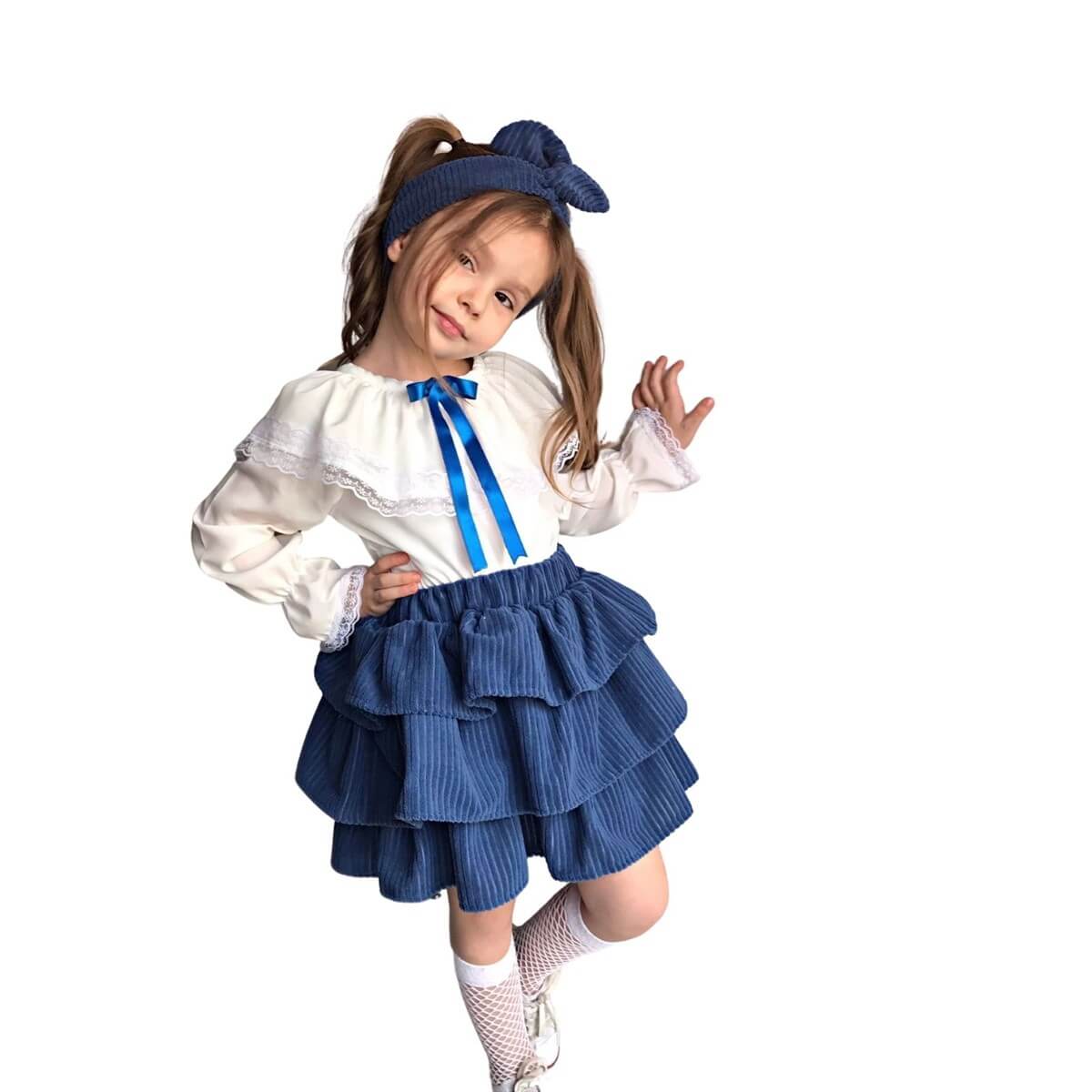 Kız Çocuk Kadife Etekli Mavi Takım-Kız Çocuk Alt Üst Takım-QuzucukKids.com