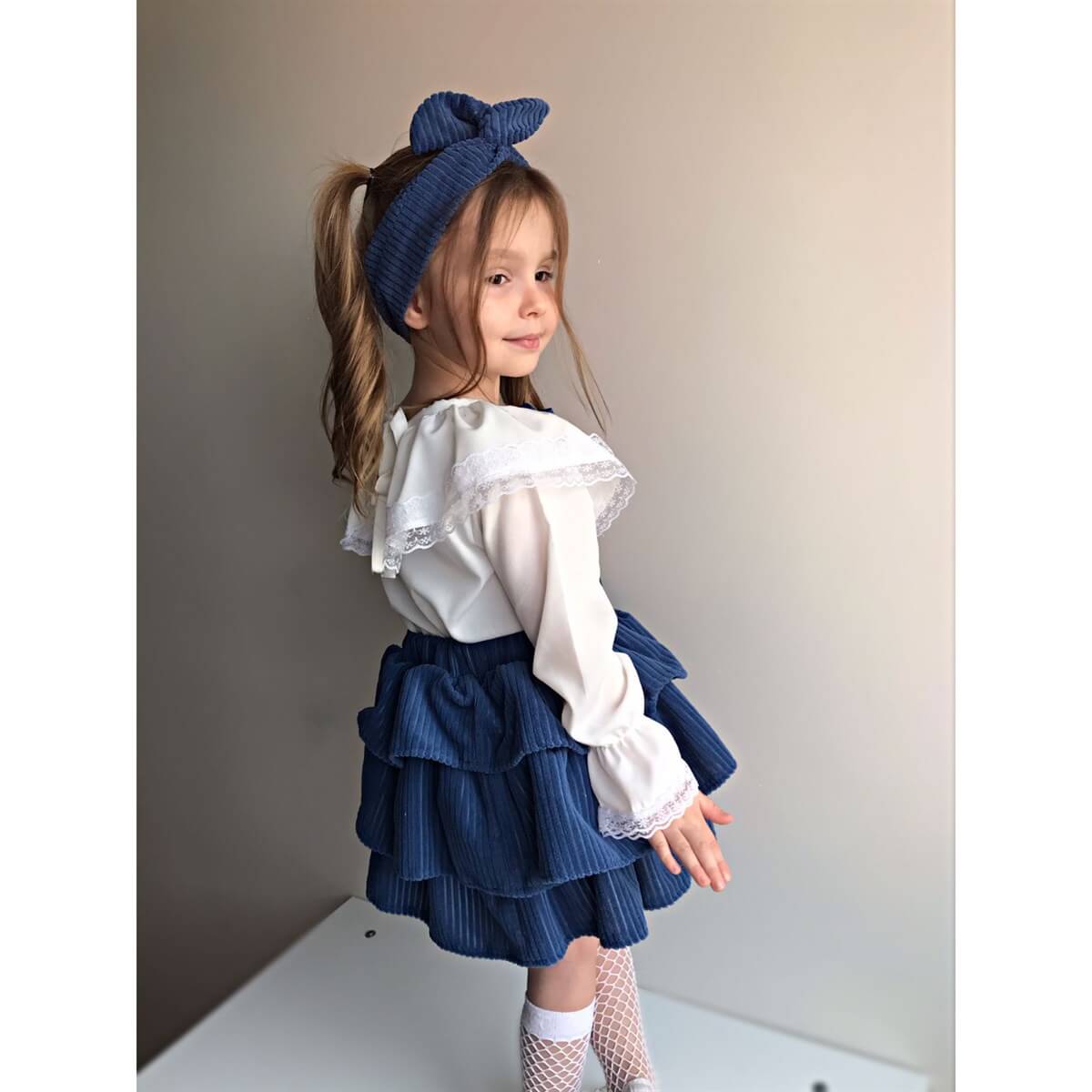 Kız Çocuk Kadife Etekli Mavi Takım-Kız Çocuk Alt Üst Takım-QuzucukKids.com