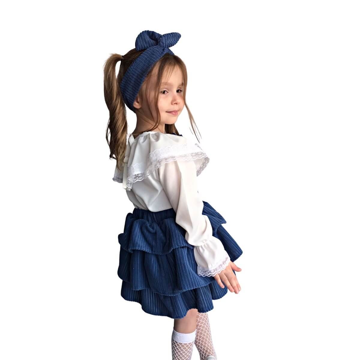 Kız Çocuk Kadife Etekli Mavi Takım-Kız Çocuk Alt Üst Takım-QuzucukKids.com