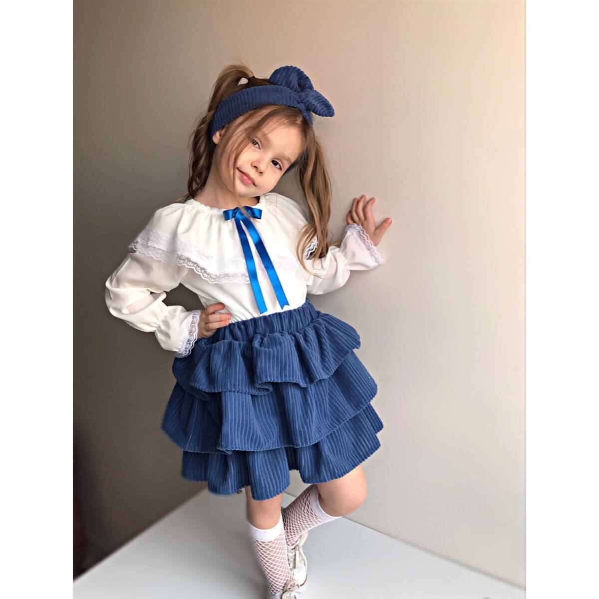 Kız Çocuk Kadife Etekli Mavi Takım-Kız Çocuk Alt Üst Takım-QuzucukKids.com