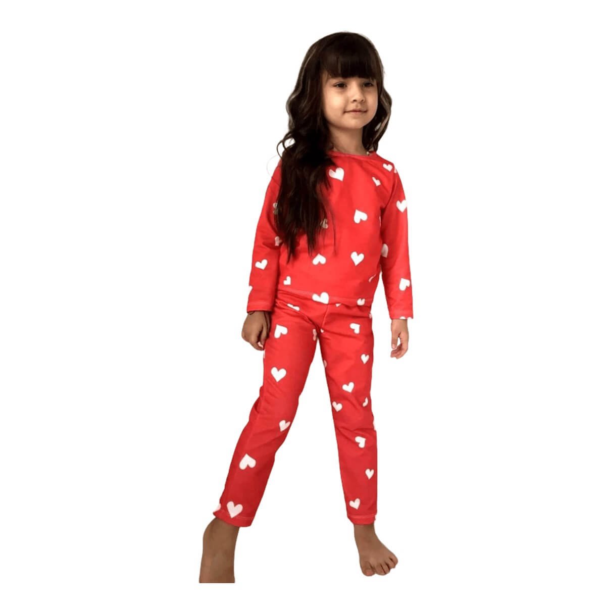 Kız Çocuk Kalp Figürlü Kırmızı Pijama Takımı-Kız Çocuk Alt Üst Takım-QuzucukKids.com