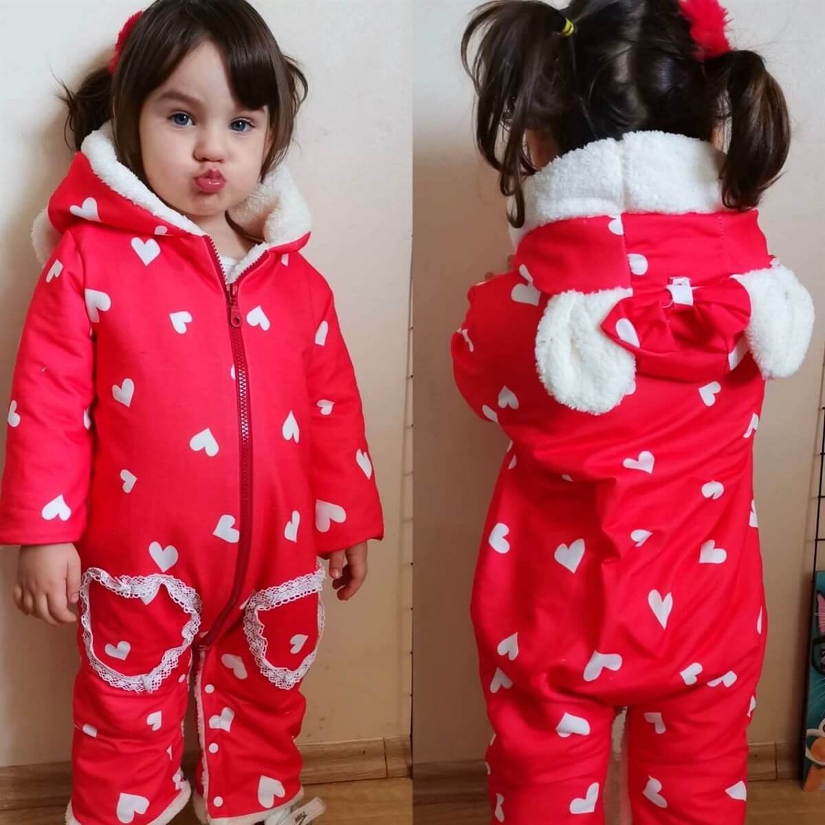 Kız Çocuk Kalp Figürlü Kırmızı Tulum-Kız Çocuk Tek Alt-QuzucukKids.com