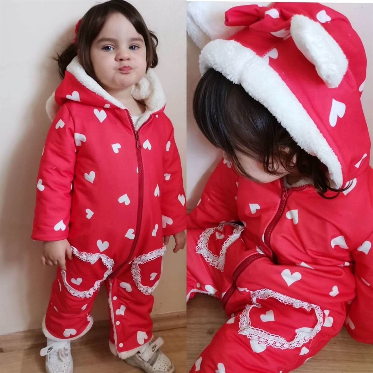 Kız Çocuk Kalp Figürlü Kırmızı Tulum-Kız Çocuk Tek Alt-QuzucukKids.com