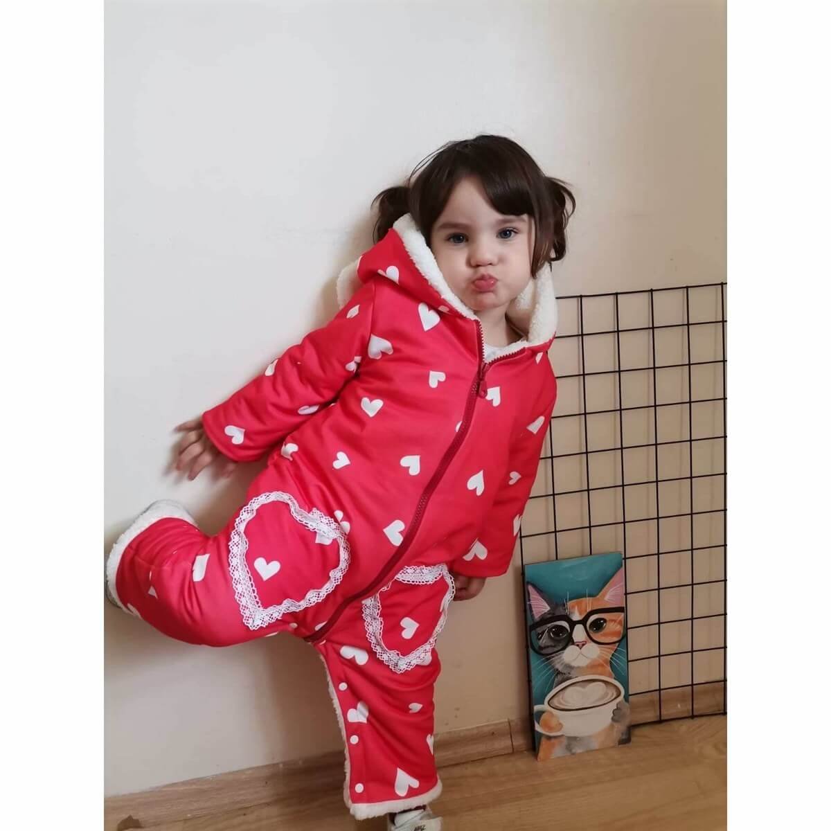 Kız Çocuk Kalp Figürlü Kırmızı Tulum-Kız Çocuk Tek Alt-QuzucukKids.com