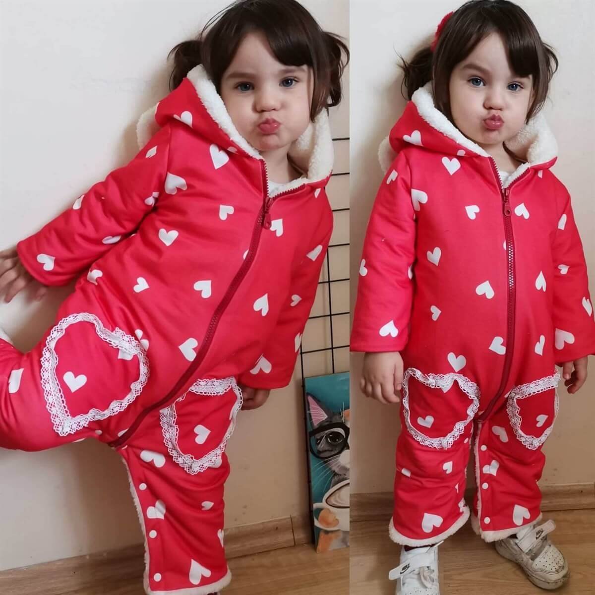 Kız Çocuk Kalp Figürlü Kırmızı Tulum-Kız Çocuk Tek Alt-QuzucukKids.com