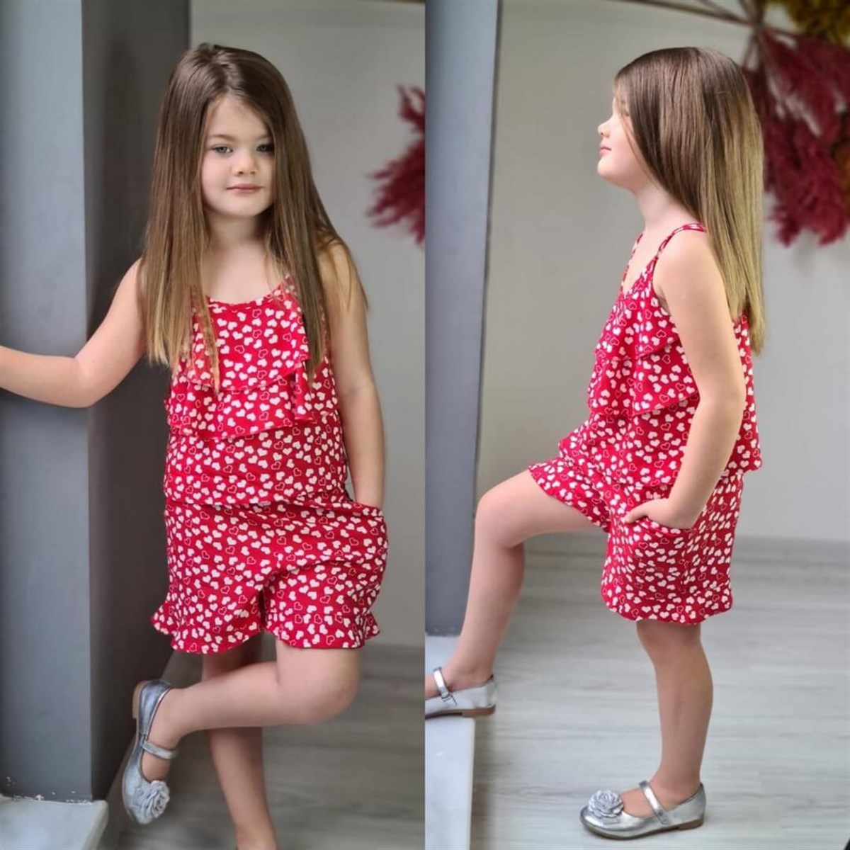 Kız Çocuk Kalp Figürlü Kırmızı Yazlık Takım-Kid Girl Cloth Sets-QuzucukKids.com