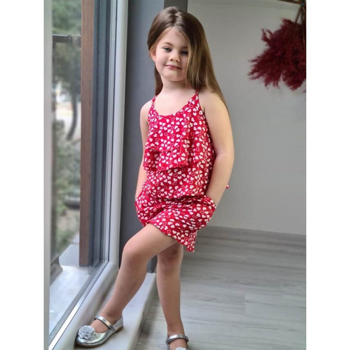 Kız Çocuk Kalp Figürlü Kırmızı Yazlık Takım-Kid Girl Cloth Sets-QuzucukKids.com