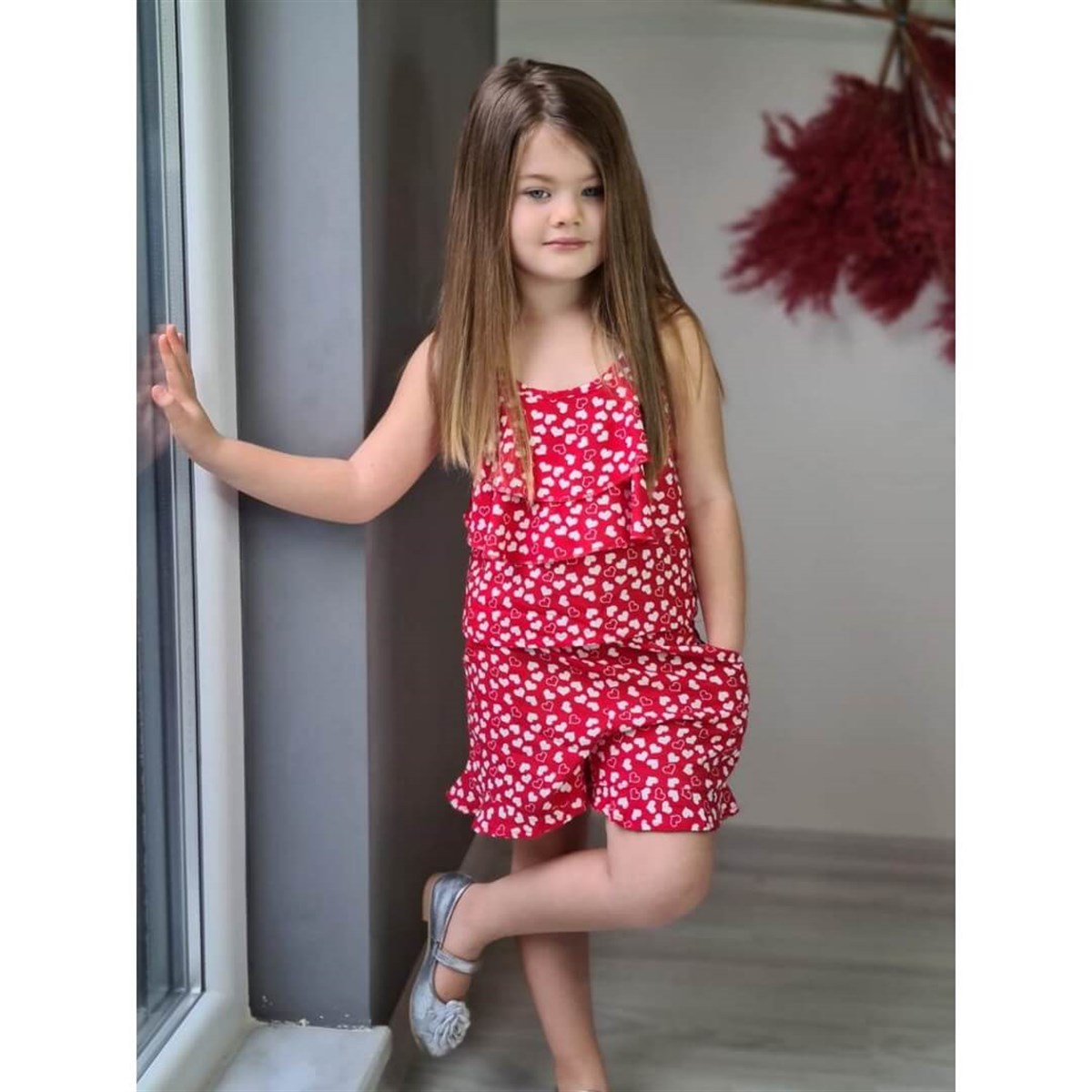 Kız Çocuk Kalp Figürlü Kırmızı Yazlık Takım-Kid Girl Cloth Sets-QuzucukKids.com