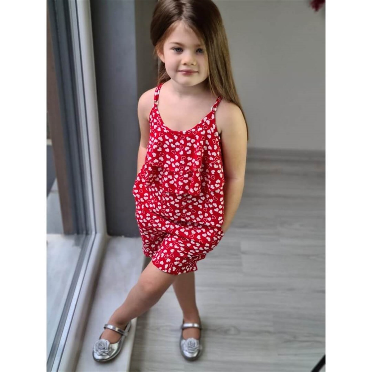 Kız Çocuk Kalp Figürlü Kırmızı Yazlık Takım-Kid Girl Cloth Sets-QuzucukKids.com