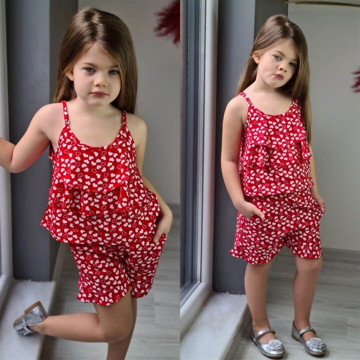 Kız Çocuk Kalp Figürlü Kırmızı Yazlık Takım-Kid Girl Cloth Sets-QuzucukKids.com