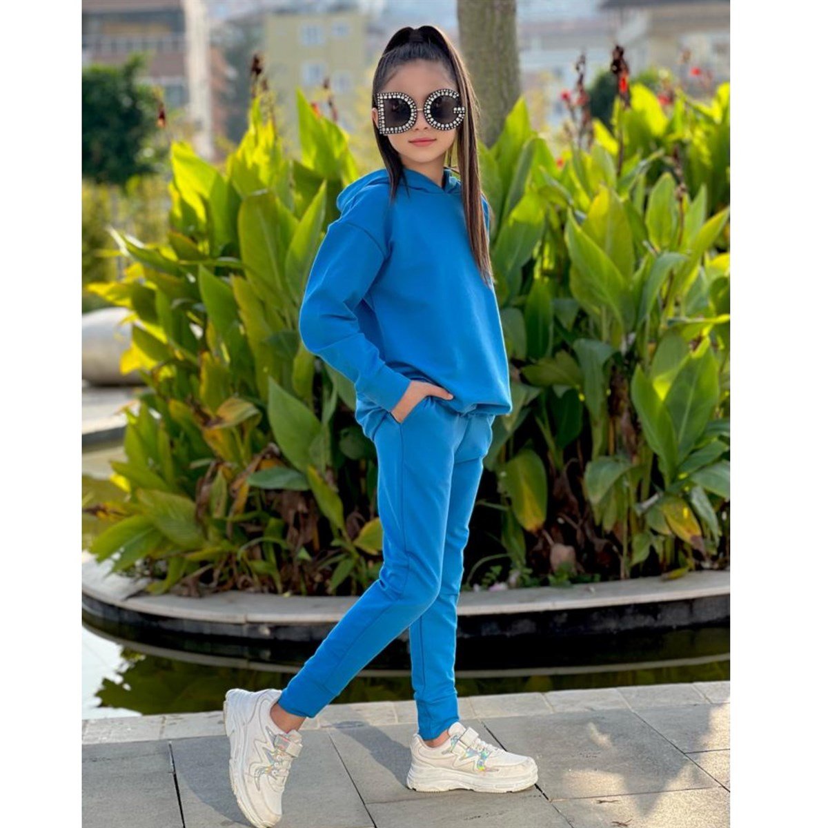 Kız Çocuk Kapüşonlu Mavi Takım-Kız Çocuk Alt Üst Takım-Kız Çocuk Kapüşonlu Beyaz Takım | QuzucukKids.com-QuzucukKids.com