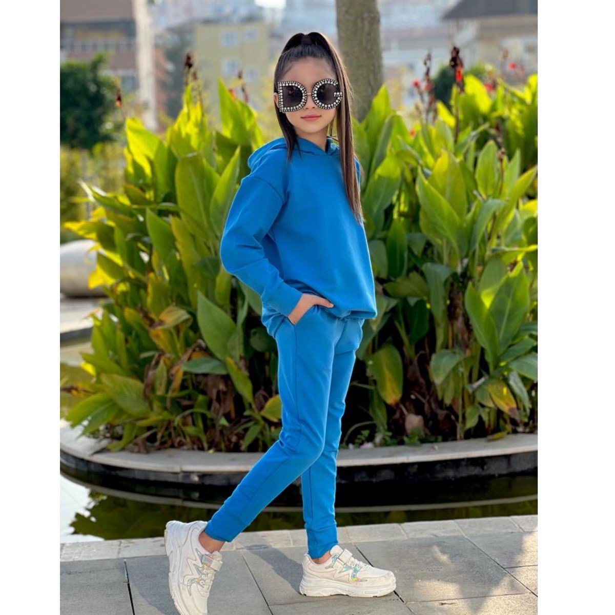 Kız Çocuk Kapüşonlu Mavi Takım-Kız Çocuk Alt Üst Takım-Kız Çocuk Kapüşonlu Beyaz Takım | QuzucukKids.com-QuzucukKids.com