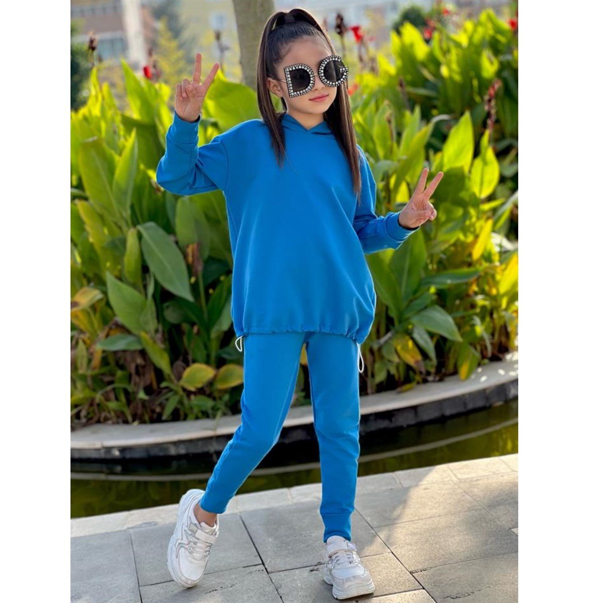 Kız Çocuk Kapüşonlu Mavi Takım-Kız Çocuk Alt Üst Takım-Kız Çocuk Kapüşonlu Beyaz Takım | QuzucukKids.com-QuzucukKids.com