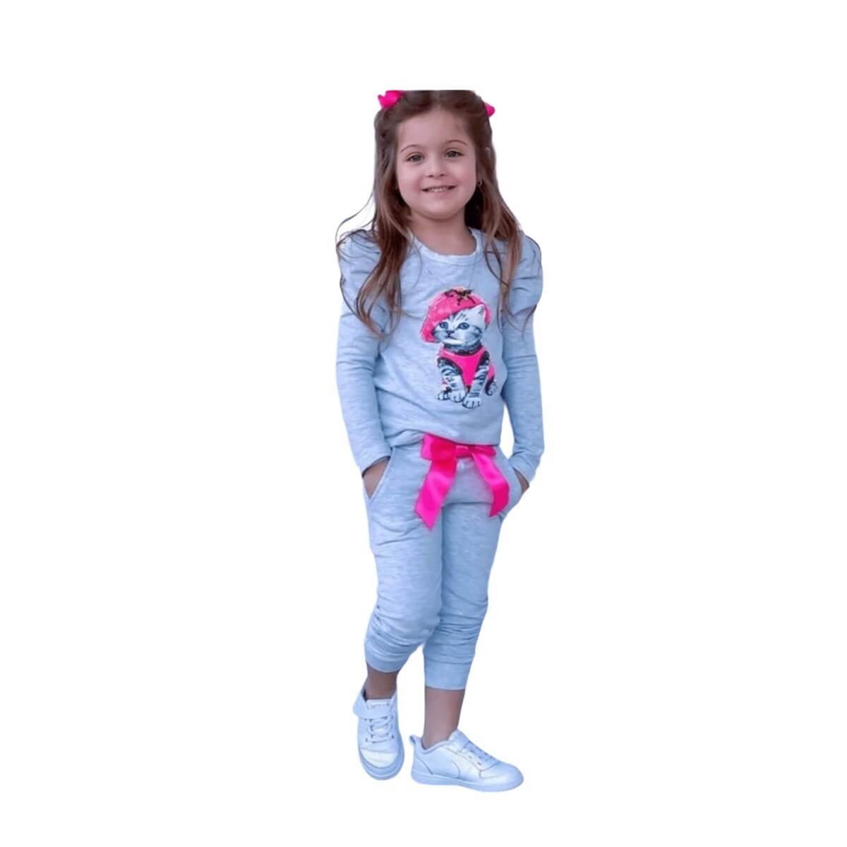 Kız Çocuk Kedi Figürlü Eşofman Seti-Kız Çocuk Alt Üst Takım-QuzucukKids.com
