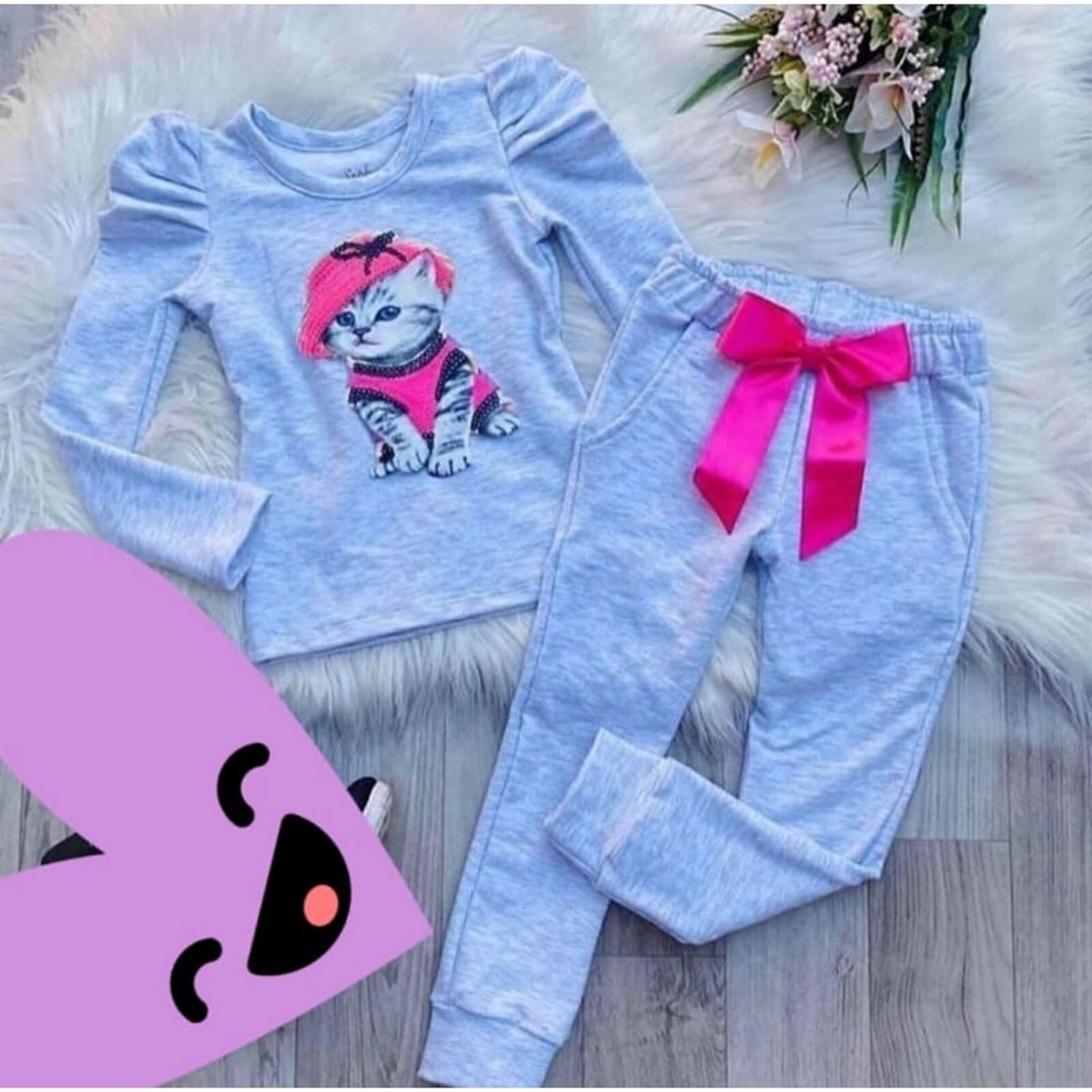 Kız Çocuk Kedi Figürlü Eşofman Seti-Kız Çocuk Alt Üst Takım-QuzucukKids.com