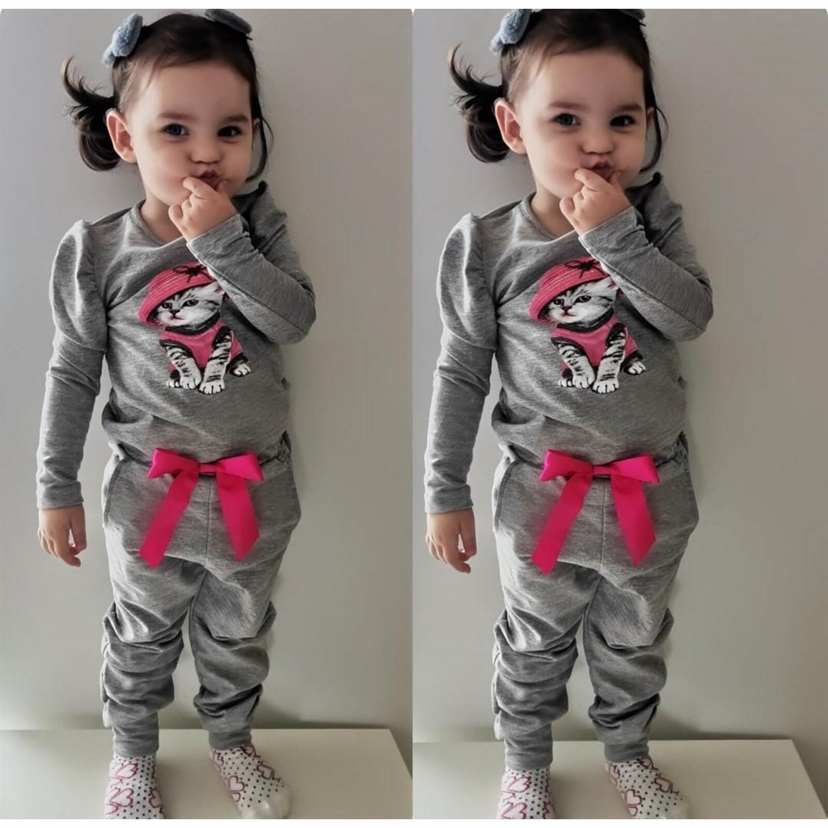 Kız Çocuk Kedi Figürlü Eşofman Seti-Kız Çocuk Alt Üst Takım-QuzucukKids.com