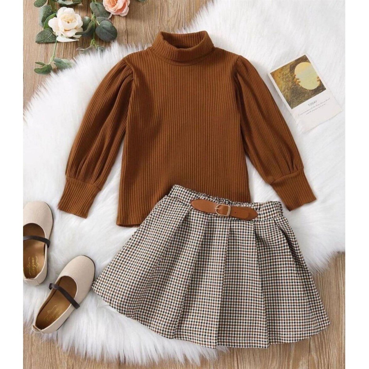 Kız Çocuk Kemerli Ekose Set-Kız Çocuk Alt Üst Takım-Kız Çocuk Kemerli Ekose Set | QuzucukKids.com-QuzucukKids.com