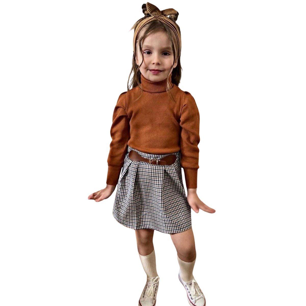 Kız Çocuk Kemerli Ekose Set-Kız Çocuk Alt Üst Takım-Kız Çocuk Kemerli Ekose Set | QuzucukKids.com-QuzucukKids.com