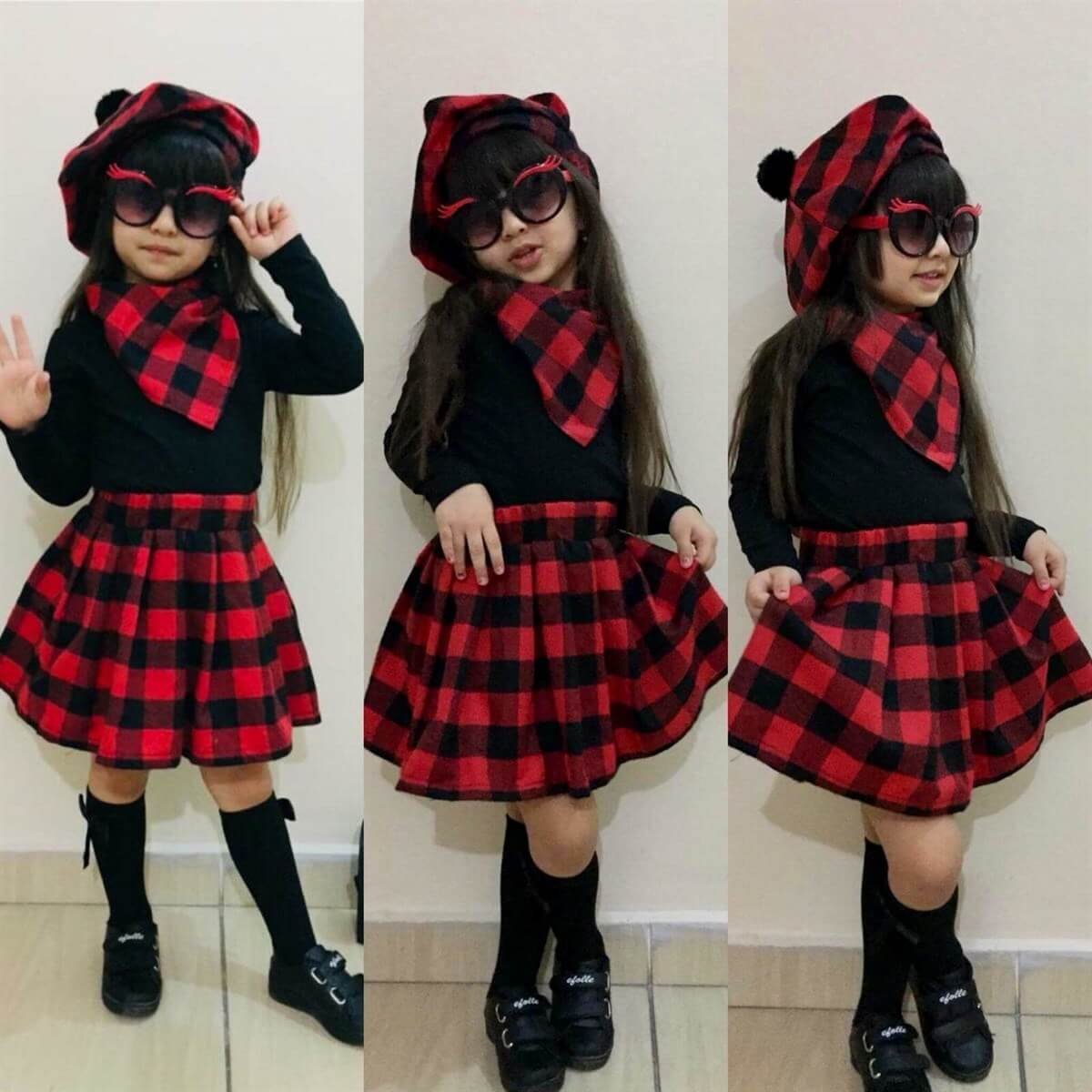 Kız Çocuk Kırmızı Ekoseli Şapkalı Takım-Kız Çocuk Alt Üst Takım-QuzucukKids.com