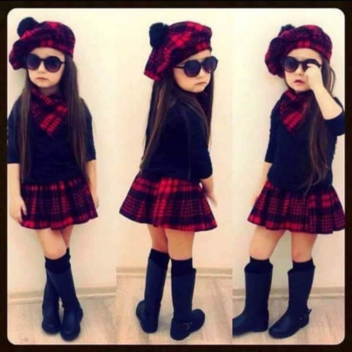 Kız Çocuk Kırmızı Ekoseli Şapkalı Takım-Kız Çocuk Alt Üst Takım-QuzucukKids.com