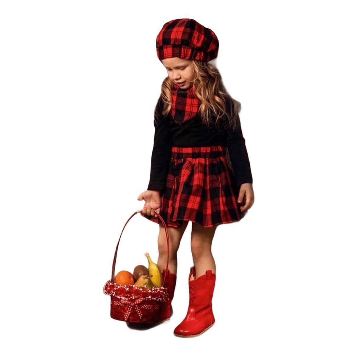 Kız Çocuk Kırmızı Ekoseli Şapkalı Takım-Kız Çocuk Alt Üst Takım-QuzucukKids.com