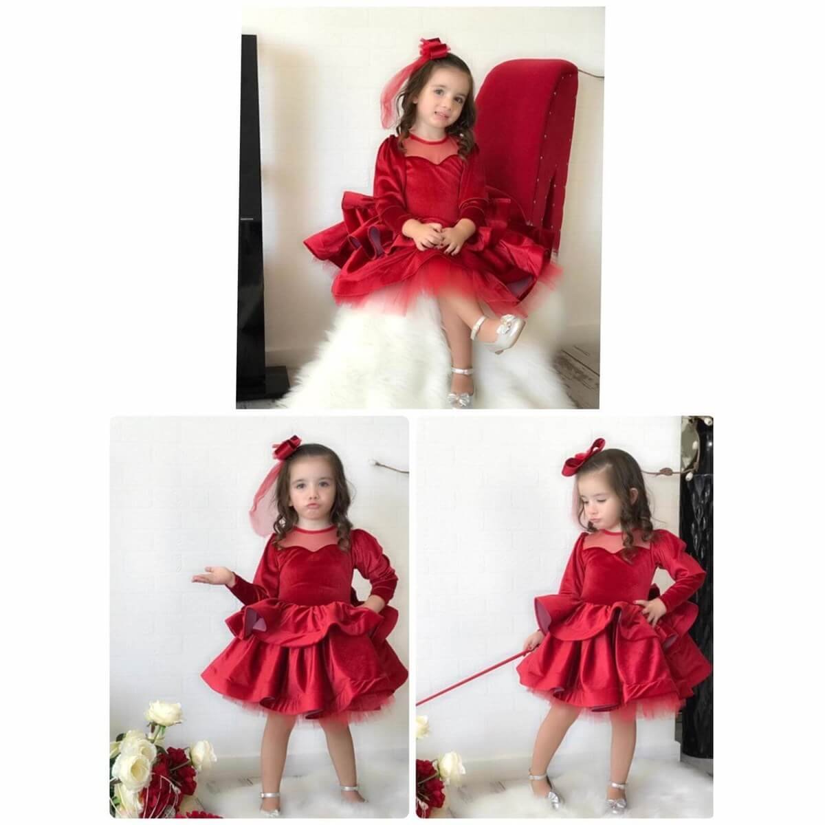 Kız Çocuk Kırmızı Kadife Elbise-Seasonal Products-QuzucukKids.com