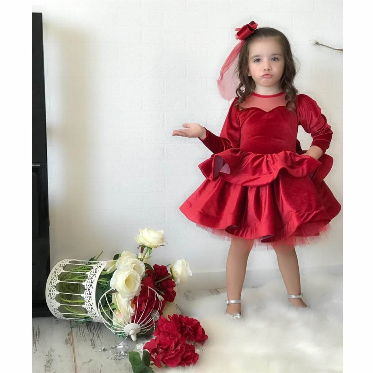 Kız Çocuk Kırmızı Kadife Elbise-Seasonal Products-QuzucukKids.com