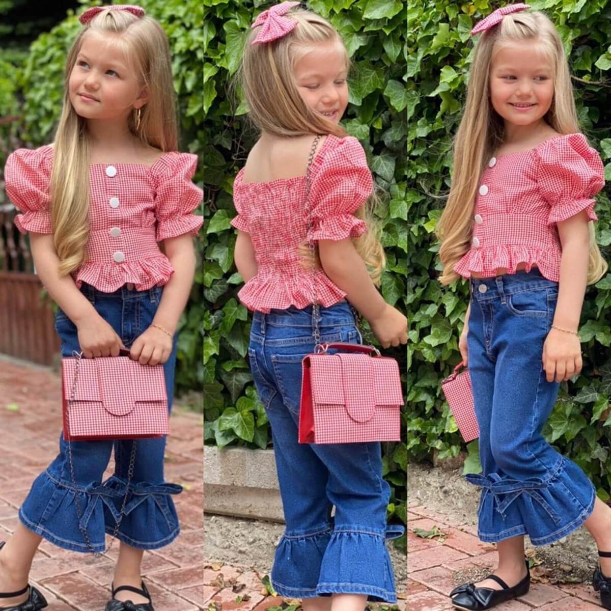 Kız Çocuk Kırmızı Pitikareli Çantalı Takım-Kız Çocuk Alt Üst Takım-QuzucukKids.com