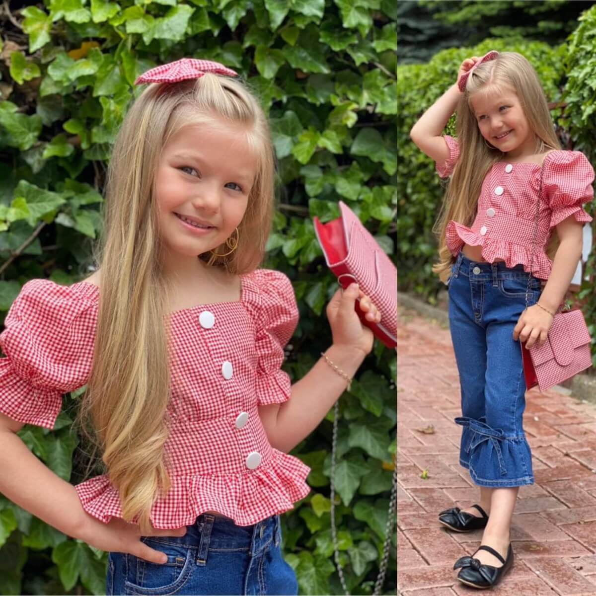 Kız Çocuk Kırmızı Pitikareli Çantalı Takım-Kız Çocuk Alt Üst Takım-QuzucukKids.com