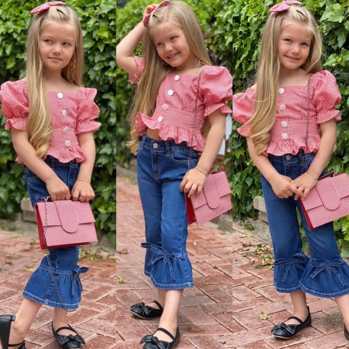 Kız Çocuk Kırmızı Pitikareli Çantalı Takım-Kız Çocuk Alt Üst Takım-QuzucukKids.com