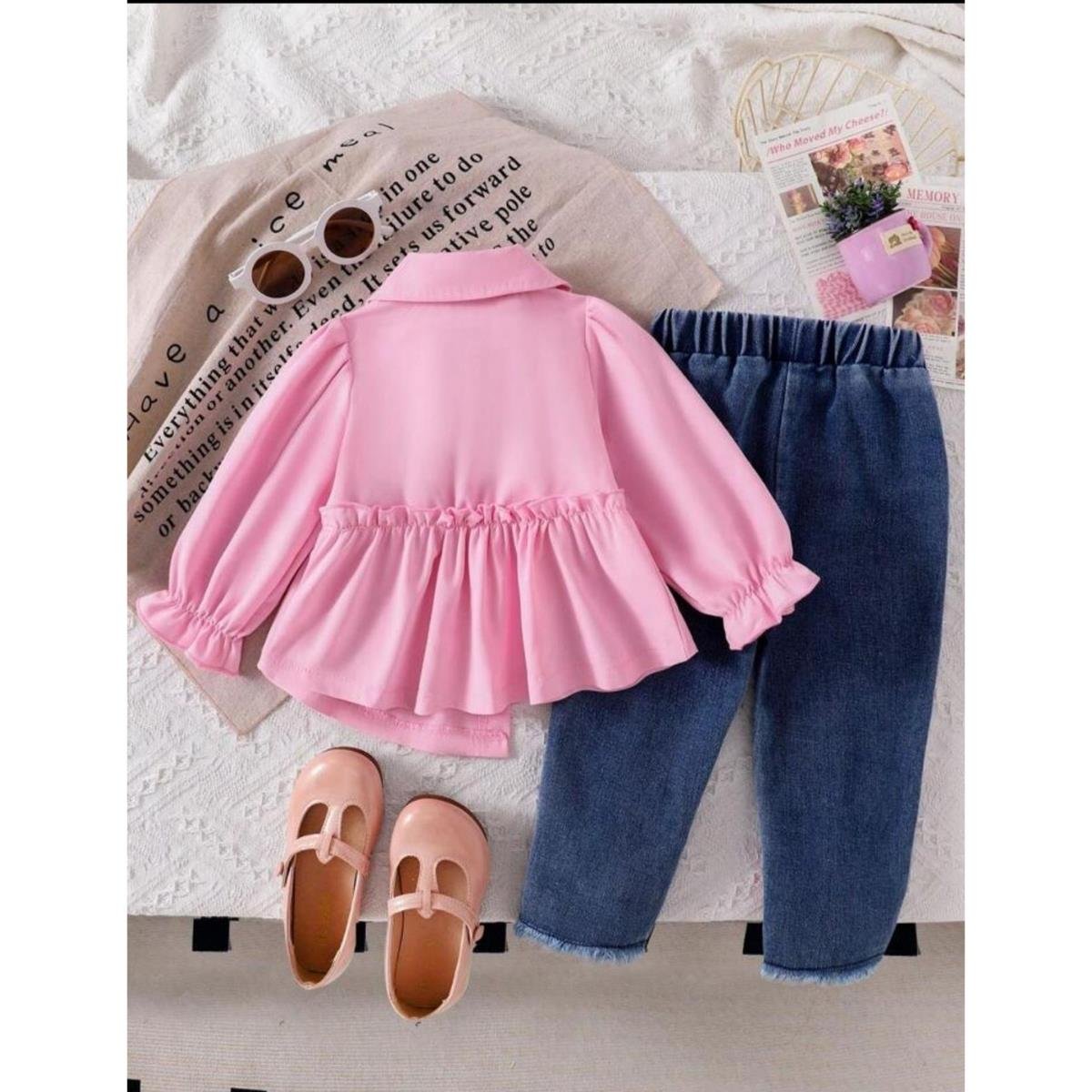 Kız Çocuk Kot Pantalonlu Papatyalı Pembe Takım-Kız Çocuk Alt Üst Takım-Kız Çocuk Kot Pantalonlu Papatyalı Pembe Takım QuzucukKids.com-QuzucukKids.com