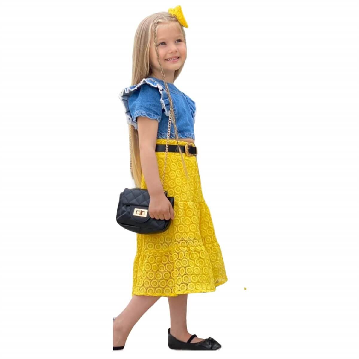 Kız Çocuk Kot Üstlü Sarı Etekli Takım-Kız Çocuk Alt Üst Takım-QuzucukKids.com