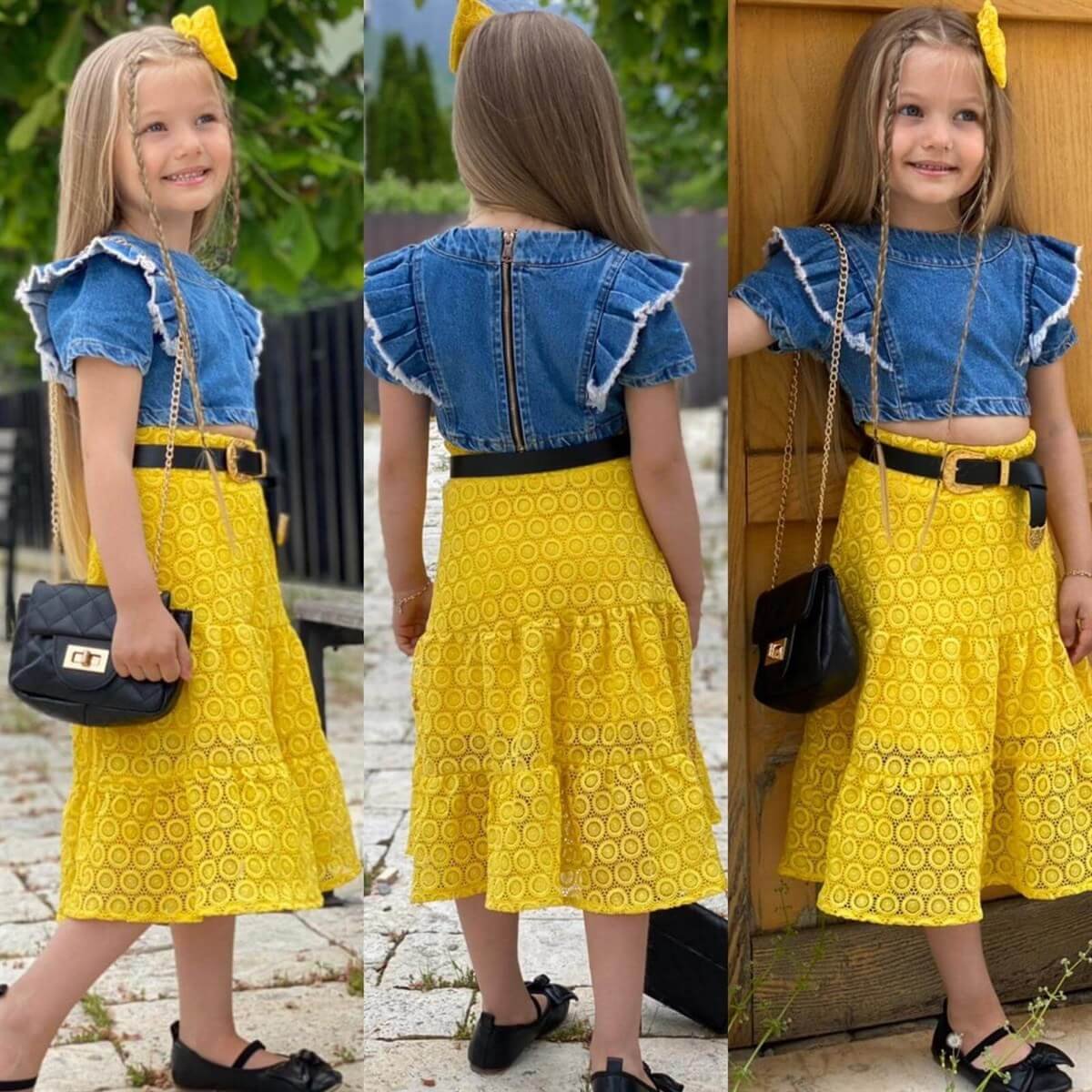 Kız Çocuk Kot Üstlü Sarı Etekli Takım-Kız Çocuk Alt Üst Takım-QuzucukKids.com