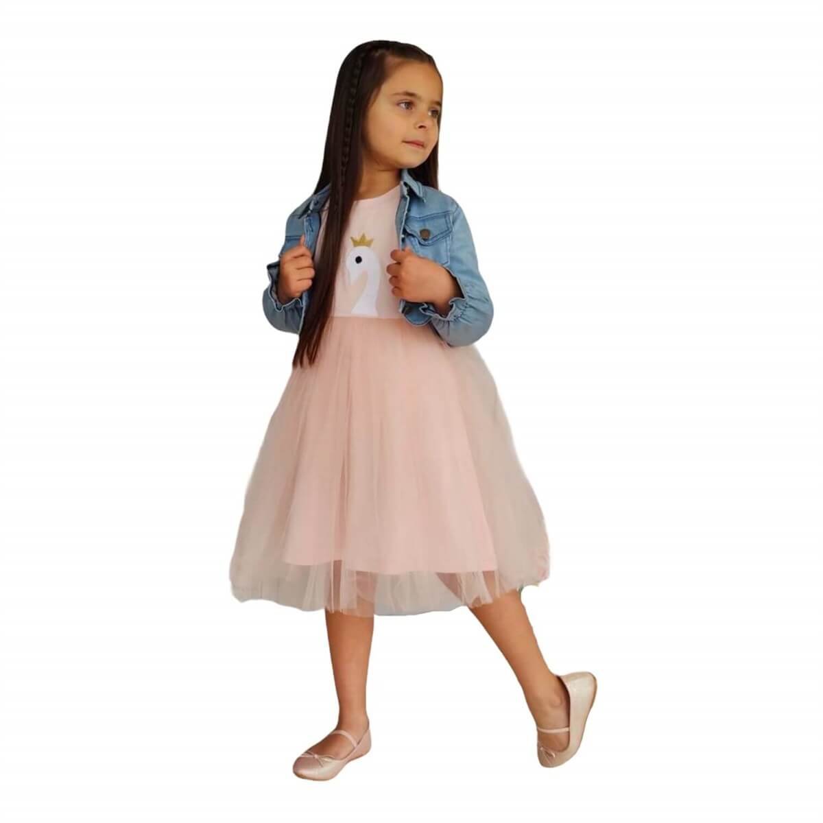 Kız Çocuk Kuğu Figürlü Kot Ceketli Tütü Takım-Kız Çocuk Alt Üst Takım-QuzucukKids.com