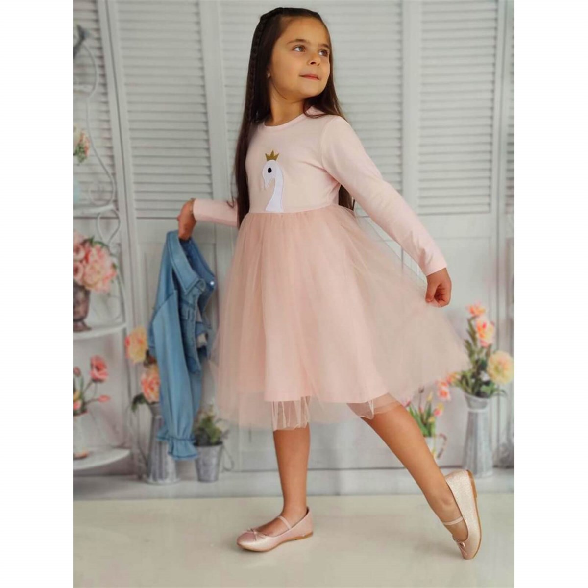 Kız Çocuk Kuğu Figürlü Kot Ceketli Tütü Takım-Kız Çocuk Alt Üst Takım-QuzucukKids.com