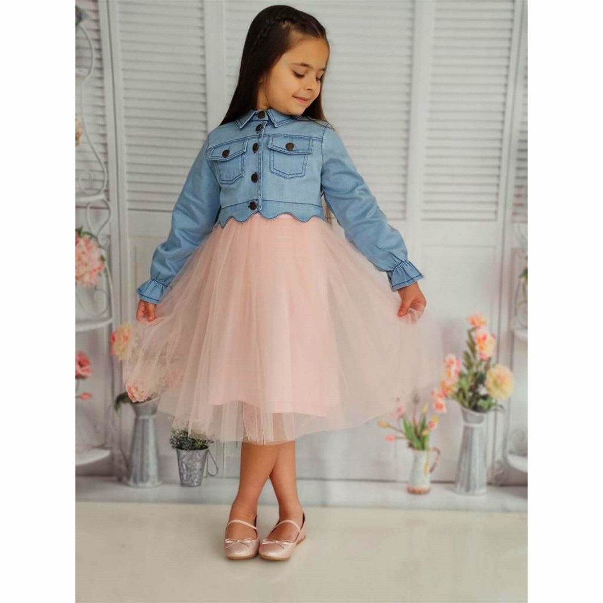 Kız Çocuk Kuğu Figürlü Kot Ceketli Tütü Takım-Kız Çocuk Alt Üst Takım-QuzucukKids.com