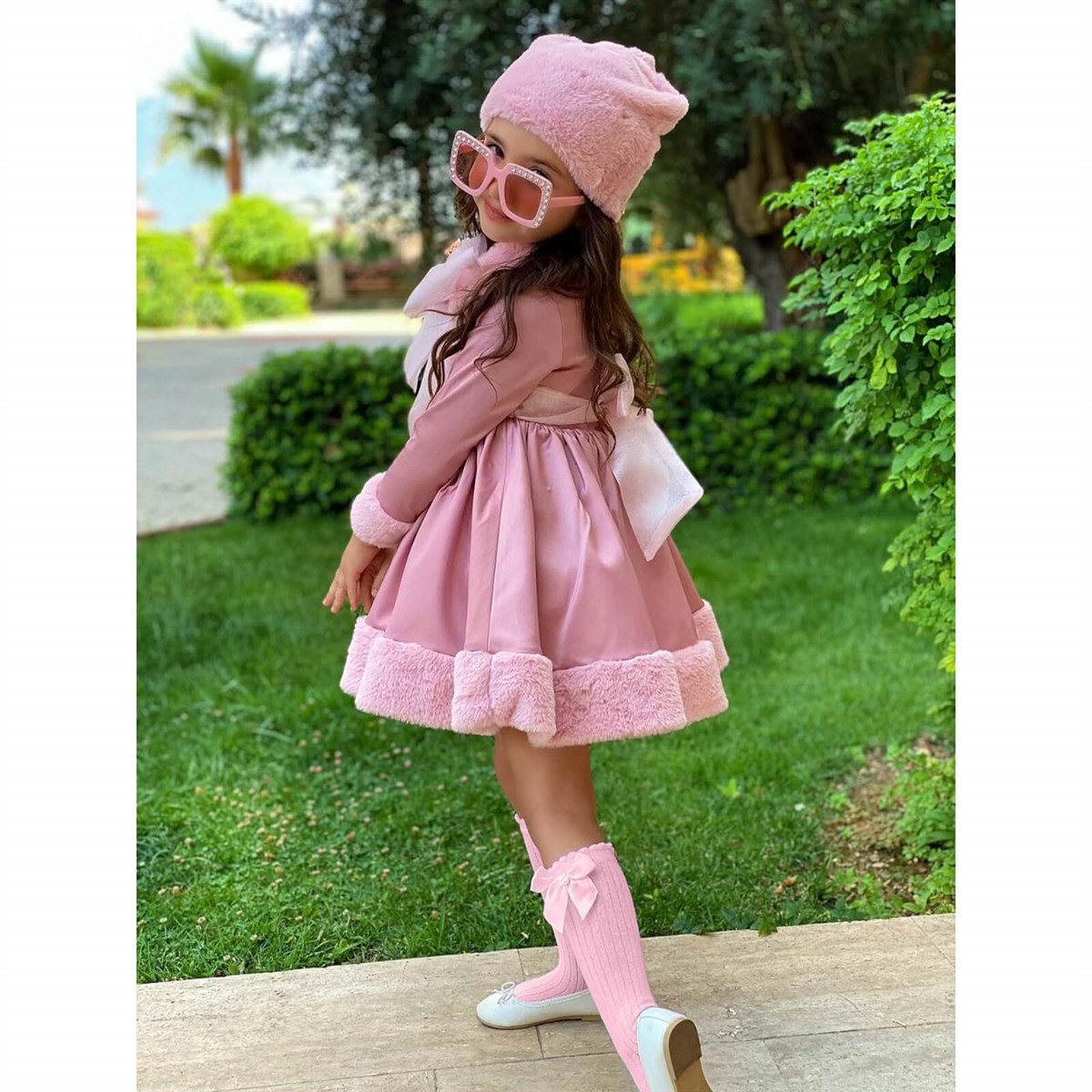 Kız Çocuk Kürk Detaylı Pembe Elbiseli Kombin-Kid Girl Dresses-QuzucukKids.com