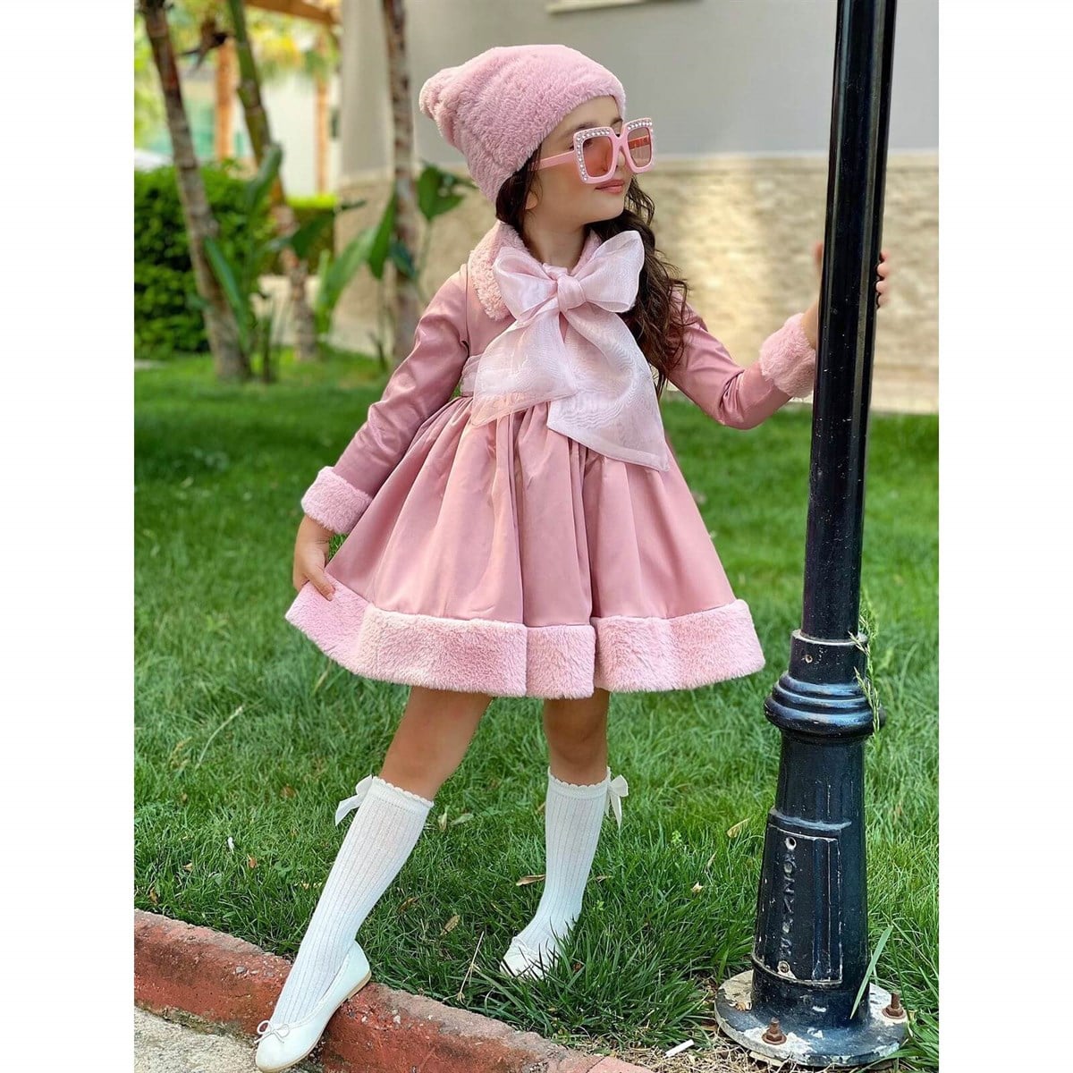 Kız Çocuk Kürk Detaylı Pembe Elbiseli Kombin-Kid Girl Dresses-QuzucukKids.com